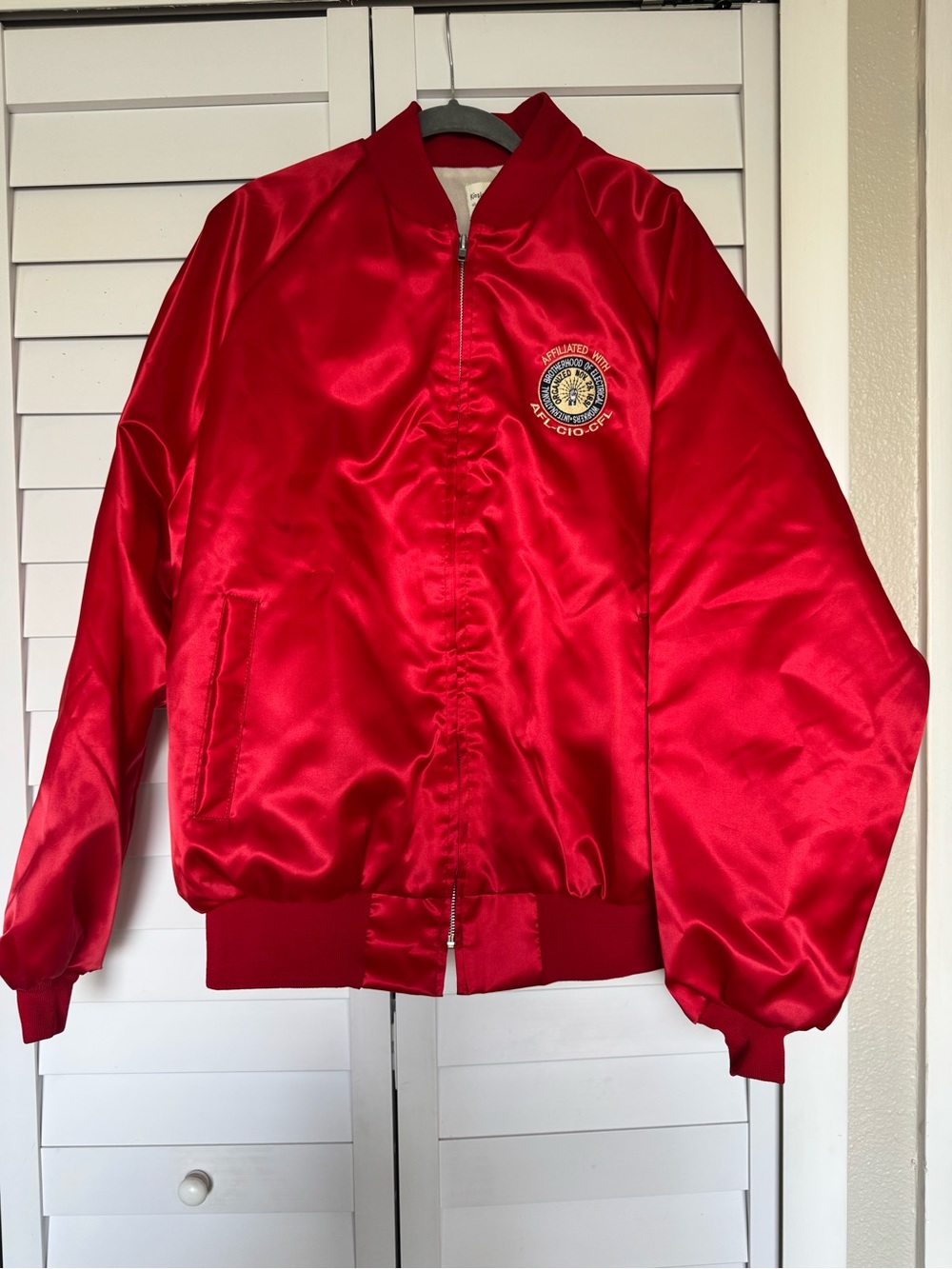 Vintage King Louie Pro Fit Red Satin Bomber Jacket IBEW AFL-CIO USA Made XL